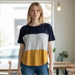 Women's Navy and Mustard Striped Tee
